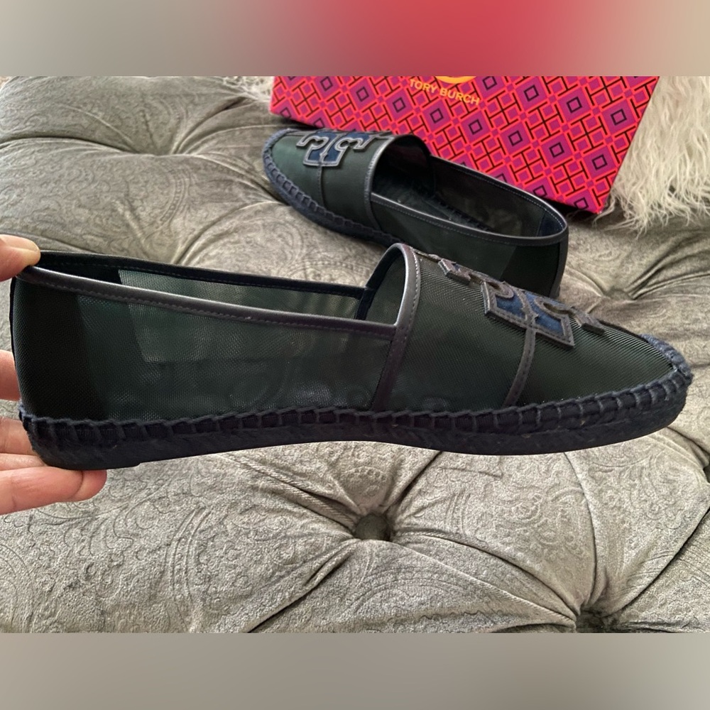 Authentic Tory Burch Ines Espadrille Mesh 
Leather Silk Suede Malachite/Navy - Picture 10 of 13